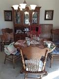 Solid Oak Dining Table, Pedestal base, Signed oak chairs