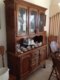 Wilclif USA made Solid Oak China Hutch, lighted with leaded and etched glass panes and glass shelves
