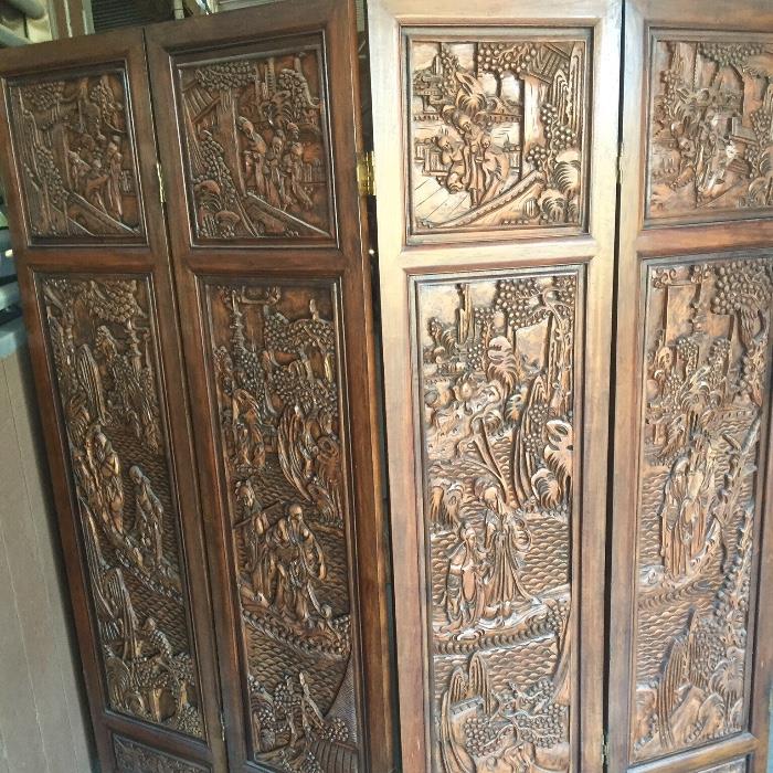Chinese 4 panel teak wood room divider engravings tell a story~ beautiful solid piece 