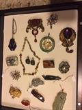 Jade, Bakelite & lucite vintage pins, brooches and other jewelry 