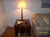 pair matching end tables, pair Italian lamps, wine rack