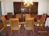 Drexel glass top dining table with 2 leaves and six chairs, Drexel lighted 3-piece cabinet