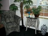 Micro fiber-feel zebra parlor chair, Hollywood Regency. Zebra print chest of drawers.
