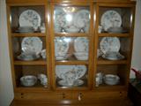 Martinsville ca. 1965 9pc Dining Room Set, Danish Modern. Inside: Antique China Service for 12 + Serving Pieces - "Autumn Rose" by Kira China, Japan.