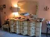 French Provincial bedroom set:  vanity w/swivel stool, highboy, lowboy, wall mirror, end tables