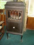 Edison phonograph with metal horn; slide drawer for records