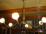 6-arm hanging brass lamp with lovely hand-painted tulip shades.  (not available for removal until end of sale)