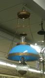 Hanging kerosene lamp with blue shade