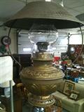 County store kerosene lamps, this one with embossed font and waffle shade, now electrified