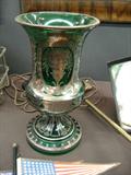 Green glass vase with sterling silver overlay, possibly Loetz