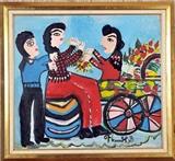Scorelli-Italy, Tres Mujeres, -year-, Series: Three Women-Classic, Signed, Oil on Canvas, 4 3/4 x 8 3/4"