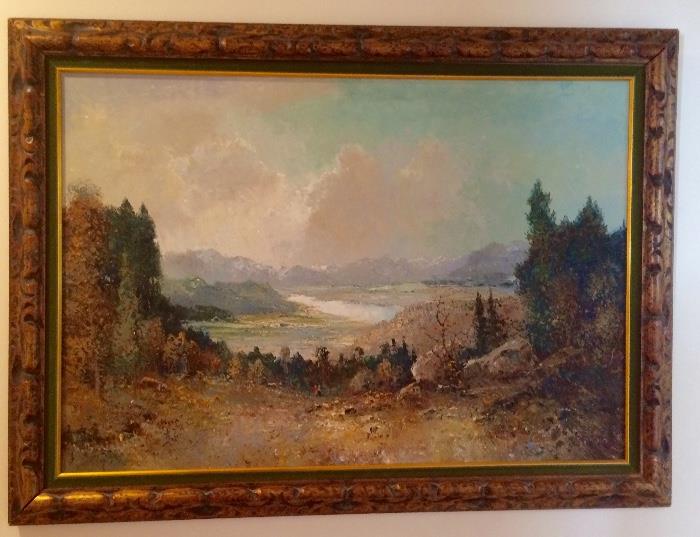Oil on Canvas Painting Depicting Bavarian Valley Scene by German Artist Willi Bauer (Born in 1920 near Munich.  This artist had training in Munich, Vienna, and Berlin. At one time was the pupil of the famous Professor Alfred Rosenberg.  His paintings have been exhibited at Art Shows in every major European city where he has received many first prizes and medals for his work.)