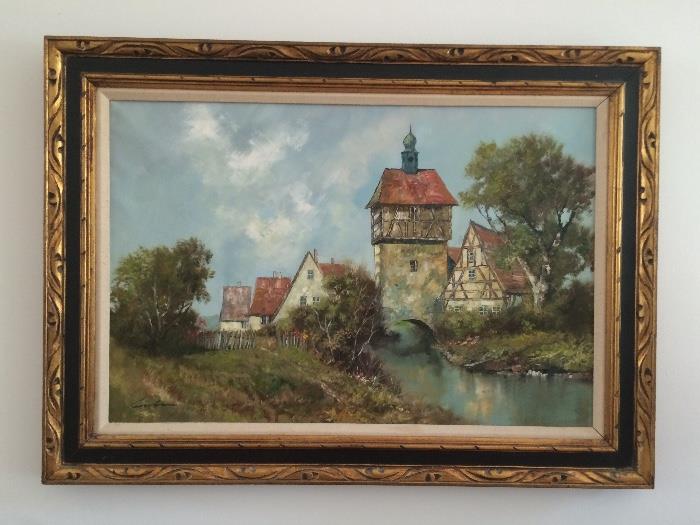 Oil on Canvas Austrian Landscape Painting by German Artist S. Lobau (This landscape artist is well-known for having a fine background and formal education.  He was born in Reichenhall, Germany during 1912 and began his studies in Munich, later moving to Vienna. His paintings have been accepted in many of Europe's leading salons.)