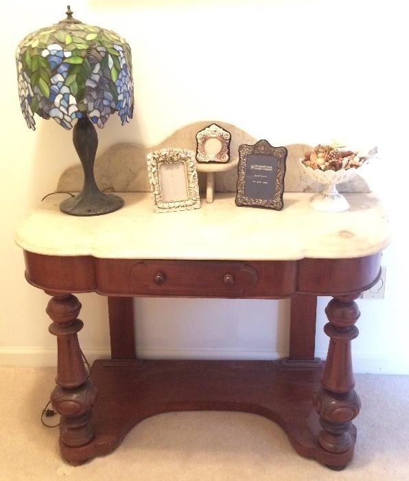 Antique Marble Top Dressing Table, Gorgeous Boudoir Lamp with Stained Glass Shade, Vintage Silverplate Frames