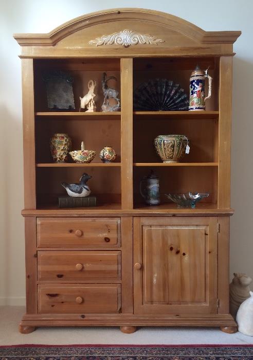 Lovely Broyhill Knotty Pine Hutch, Murano, Indian Tree by H.J. Wood, Martha Husley Pottery Duck, German Stain, Anheuser-Busch Stein, Art Glass 