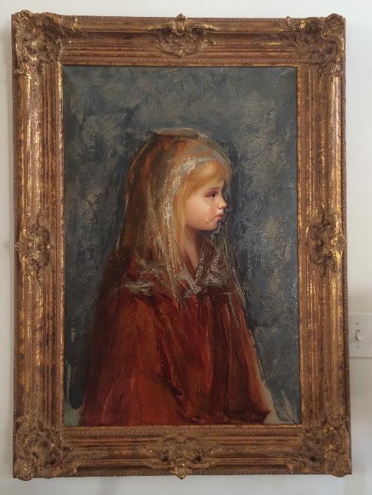 Oil on Canvas Painting Depicting Child With A Tear by Italian Artist Barcellini (Born in Spain, this artist is well-known for his portraits of young girls.)