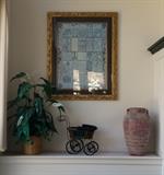 Framed Print, Faux Calla Lillies, Small Wicker Baby Buggy, Pottery