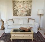 Cream Sofa, Standing Lamp, Knotty Pine Shadow Box Coffee Table, Vintage Book Stand