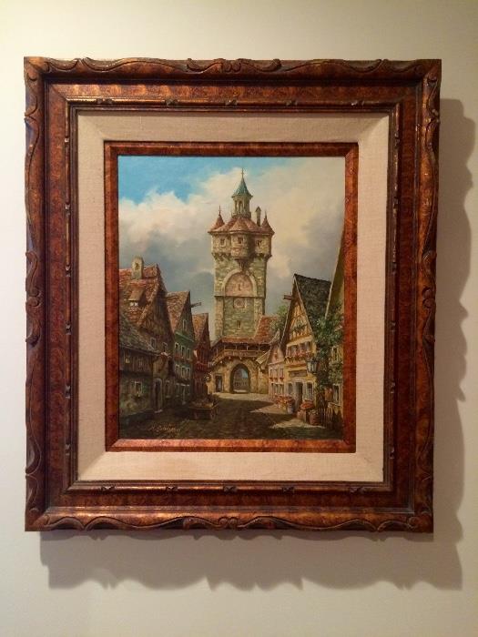 Oil on Canvas Depicting Rothenburg Clock Tower by German Artist Schöny 