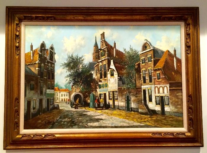 Oil on Canvas Depicting Dutch Street Scene by Holland Artist N. Van Dalen (This artist was born 1928 in Arnhem, Holland. He studied in Rotterdam and the Hague where he also exhibited his paintings.)