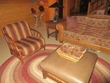 Stick Chairs w/ wide strip fabric, leather ottoman w/stick base