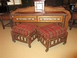 Small stick ottoman w/ plaid fabric, Sofa table w/aged barn wood top