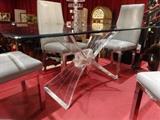 VINTAGE CHARLES HOLLIS JONES STYLE LUCITE X BASE DINING TABLE, GLASS TOP