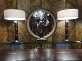 PAIR LARGE MODERN CHROME TABLE LAMPS WITH DRUM SHADES, 38 INCHES TALL