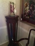 Striking plant stand with display space; very old hand-painted pitcher