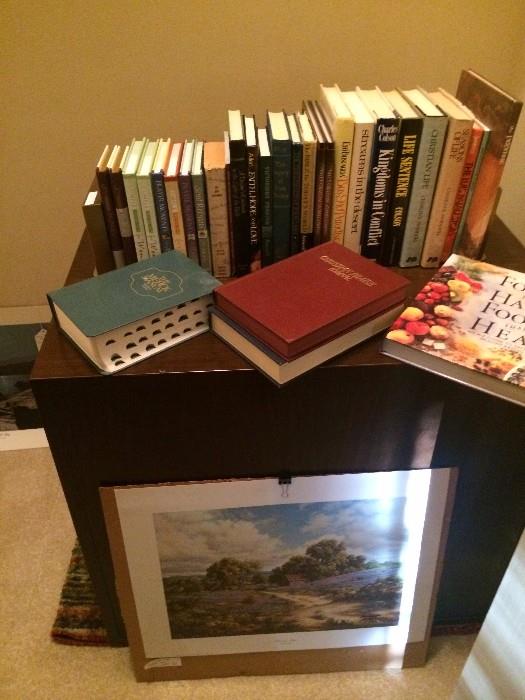Variety of books; small side table; bluebonnet print
