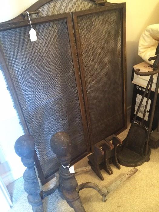  Fireplace screen, andirons, and tools
