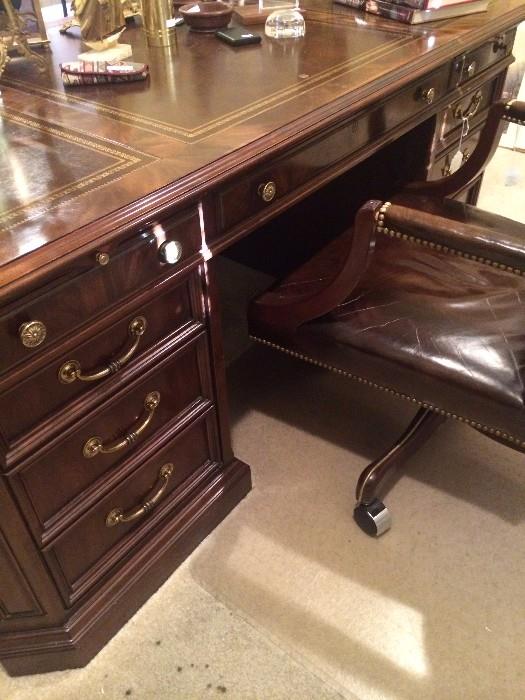 Extra nice office desk with leather top; office chair