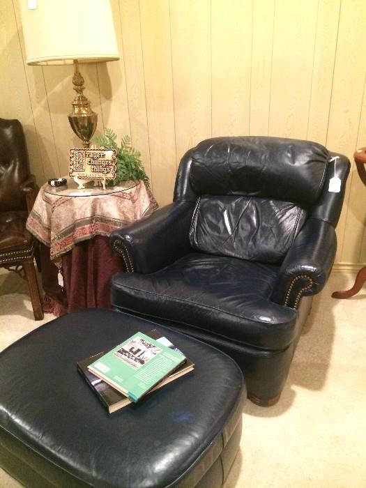 Blue leather chair & matching ottoman