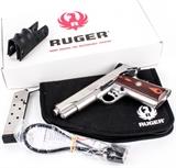 Lot #82, Gun Ruger SR1911 in 45 ACP Semi-Auto Pistol
Beautiful Ruger Model SR1911 in .45 ACP Semi-Auto Pistol (ILL) features Classic original 1911 Series 70 design; low-glare stainless steel frame; 5” Stainless Steel barrel & bushing; Single Action; Positive barrel lock-up; oversized ejection port; extended magazine release; 5” barrel length; skeletonized aluminum trigger & hammer; 8.5” overall length, drift adjustable Novak 3-Dot sights, titanium feed ramp & firing pin; 8+1 round capacity stainless steel magazine, checkered thin hardwood grips, over-sized beavertail grip safety, and combat style hammer. Condition grades at 95+%. Used in box with lock, papers, spare mag and soft carry case.  Tag Words: Firearm, 1911, Collectible, 45ACP, .45 ACP, .45ACP,45 Auto, .45Auto, .45 Auto, .45Auto, 45 Automatic Colt Pistol, .45 Automatic Colt Pistol