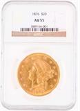 Lot #6, Coin Rare 1876-P Liberty $20 Gold Dbl Eagle AU55
A beautiful very rare date 1876-P $20 Gold Double Eagle coin, graded by NGC in "About Uncirculated 55” condition. Philadelphia mintage of 583,860. Made of 90% Gold, 10% Copper, 0.04837 troy ounces of gold. This is the Motto above Eagle/ value “Twenty D.” variety. From the internet: "Born out of the California gold rush, the gold $20 Liberty Eagle coin is by far the largest circulating gold coin in American history. Since the U.S. Treasury was receiving so much gold from the frontier, they needed to mint larger coins to use the metals they had on hand, which Congress authorized in 1849." No Sales Tax on Coins, Currency, or Bullion.  Tag Words: Numismatics, Coins, Currency, Money, Collectable, Investment, Financial, Retirement, 1876P, 1876 P