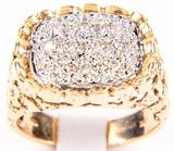 Lot #385, Jewelry 10kt Yellow Gold Men's Cocktail Ring
Fabulous large 10kt yellow gold men's cocktail ring featuring a cluster of round diamonds, approximate carat weight: 1 ctw. Band has stately gold nugget design. Marked "10k", ring size: 10. Total weight: 4.7 dwt.  Tag words: Anniversary, Gift, Birthday, Fashion, Shopping, Holiday, Mother's Day, Jewelry, Father's Day