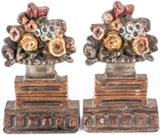 Lot #17, Antique Hubley Cast Iron Flower Basket Bookends
A lovely matching pair of antique cast iron doorstops / bookends. Each depicts a basket of colorful flowers sitting on an Art Deco style base. Both appear to have the original paint with an aged patina and some light surface chips / pitting. They have all the quality of Hubley but are not marked. This is a must have for anyone who collects old cast iron figurines, door stops, bookends, and general antiques. Each measures about 6.5" tall x 4" wide.  See additional cast iron baskets in lot #s 17, 61, 154, 187, 212, 259, and 364.  Tag Words: Intdes, vintage, shabby chic