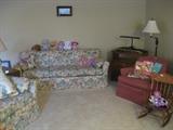 Sleeper sofa and settee, TV cabinet, lamp, Child's rocker, Stuffed animals/dolls, barrel chair
