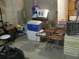 Fold up chairs, stool, coolers, shop vac, nuts/bolts/screws in small cabinet
