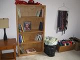 Solid wood bookcase, end table, lamp, ties and clothes