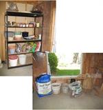 Commercial shelf, many flower pots and supplies, wood Holland small windmill