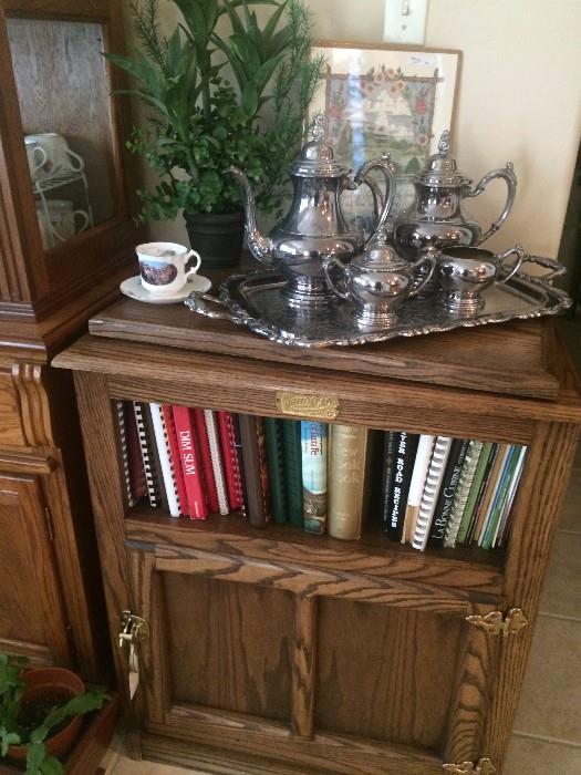 Silver plate tea service; microwave cabinet; recipe books
