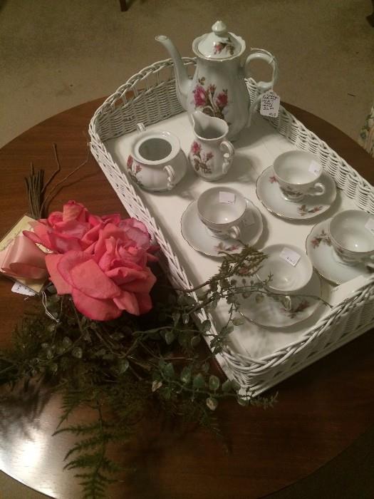 White wicker tray and tea set