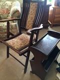 Antique folding chair; side table/magazine rack
