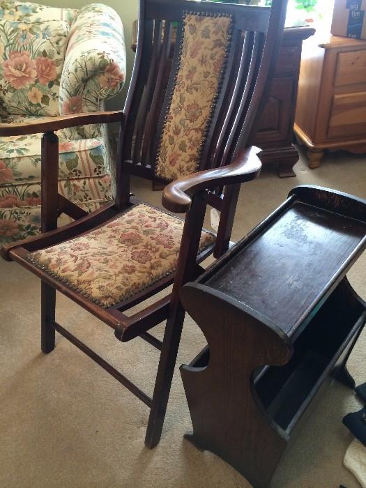 Antique folding chair; side table/magazine rack