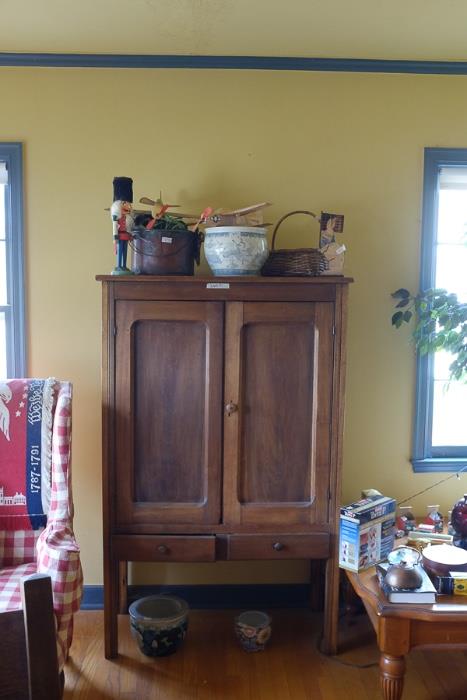 Pine hutch with perforated tin on each side.