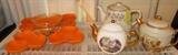Vintage Blendo West Virginia Glass Co Chip and Dip Set Atomic Orange Clear 1950s, Tea Pots 