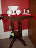 Antique Side Table & Milk Glass