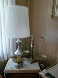 Fabulous mid mod glass base lamp (with newer shade), plus large brass decorative scales.