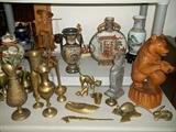 Bear carving from Soviet Union, more Chinese pieces, brass collection, Chinese wood carving, center urn from Greece.